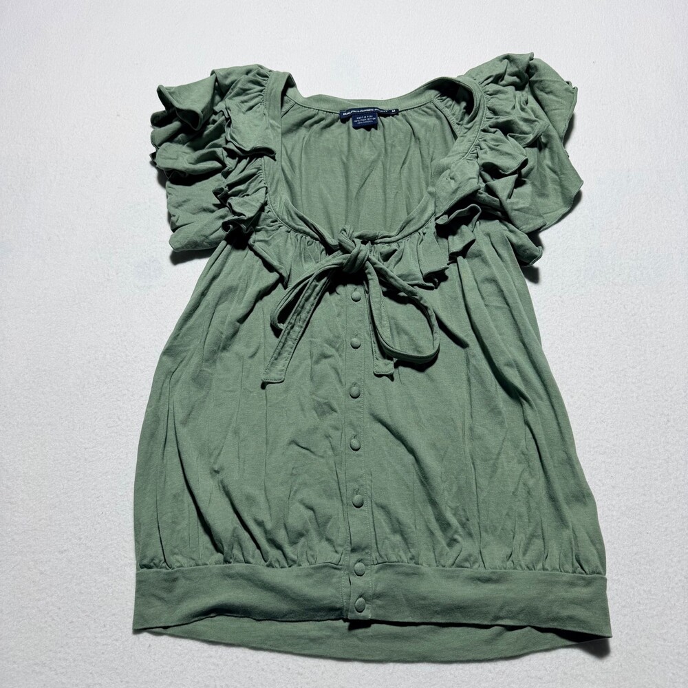 Ralph Lauren Sport Medium Green Cotton Lyocell Top Ruffled Sleeve